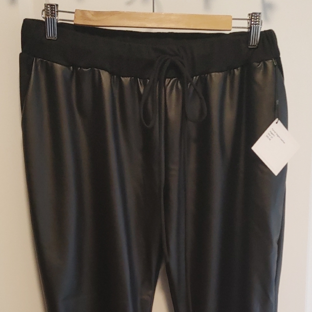 Black Faux Leather Joggers US XL